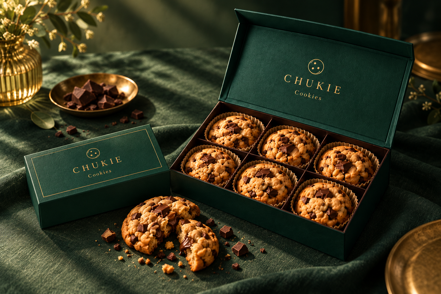 Emerald CHUKIE gift box filled with golden chocolate chunk cookies